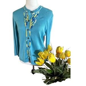 Rumrunner Aqua Silk Blend Women's Cardigan Sweater with Colorful Detail